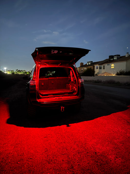 A black switchable LED hatch light upgrade for 4Runner with a switch