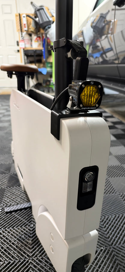 Honda Motocompacto with Obisan3D universal accessory mount holding a Baja Designs amber LED light above the factory headlight.